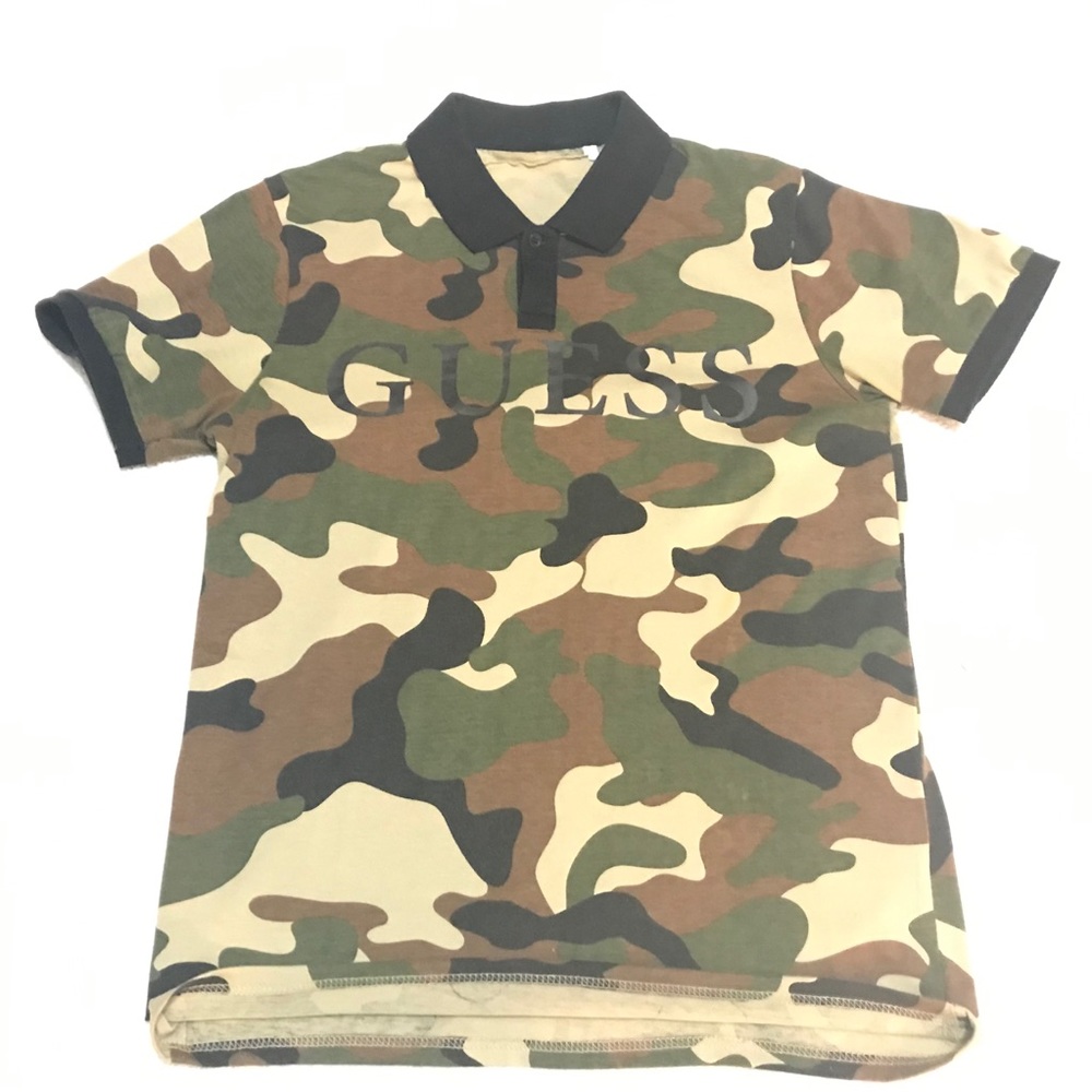 This is a used/gently worn GUESS Brand camo polo